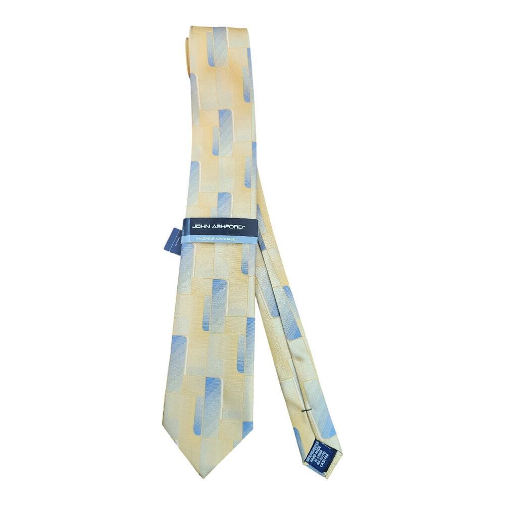 John Ashford NWT mens neck tie yellow & blue geo print hand made‎